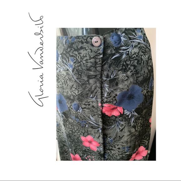 gloria vanderbilt vintage long grey pink floral wrap skirt sz M - Picture 2 of 4